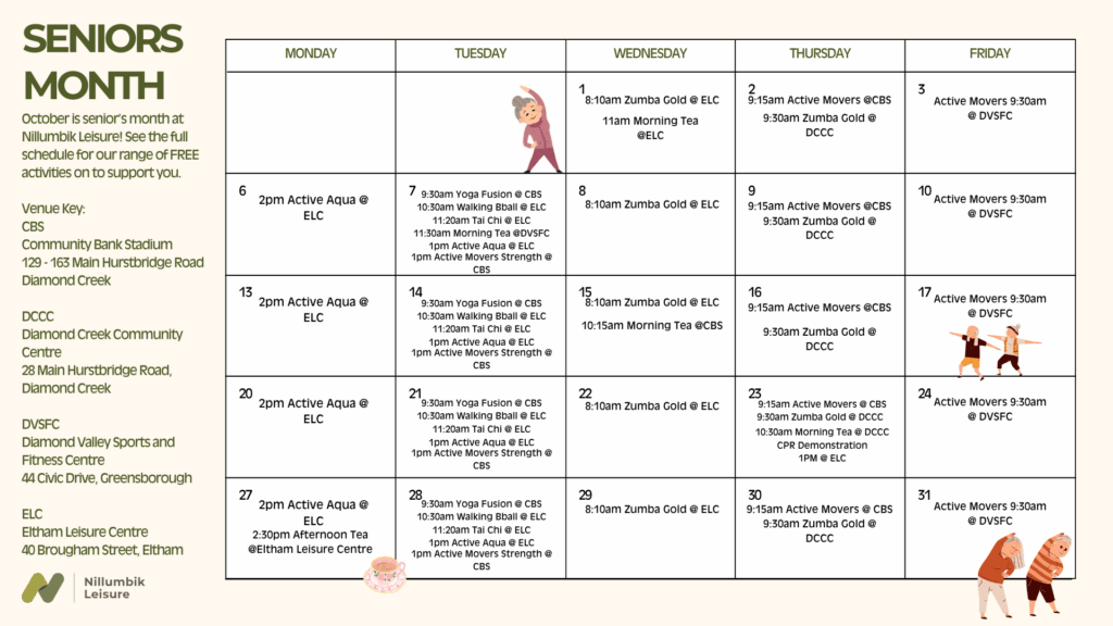 Calendar of Activities for Seniors Month at Nillumbik Leisure